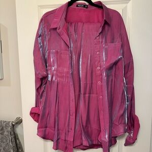Nasty Gal Metallic Fuchsia Button-Up Blouse with Pants
